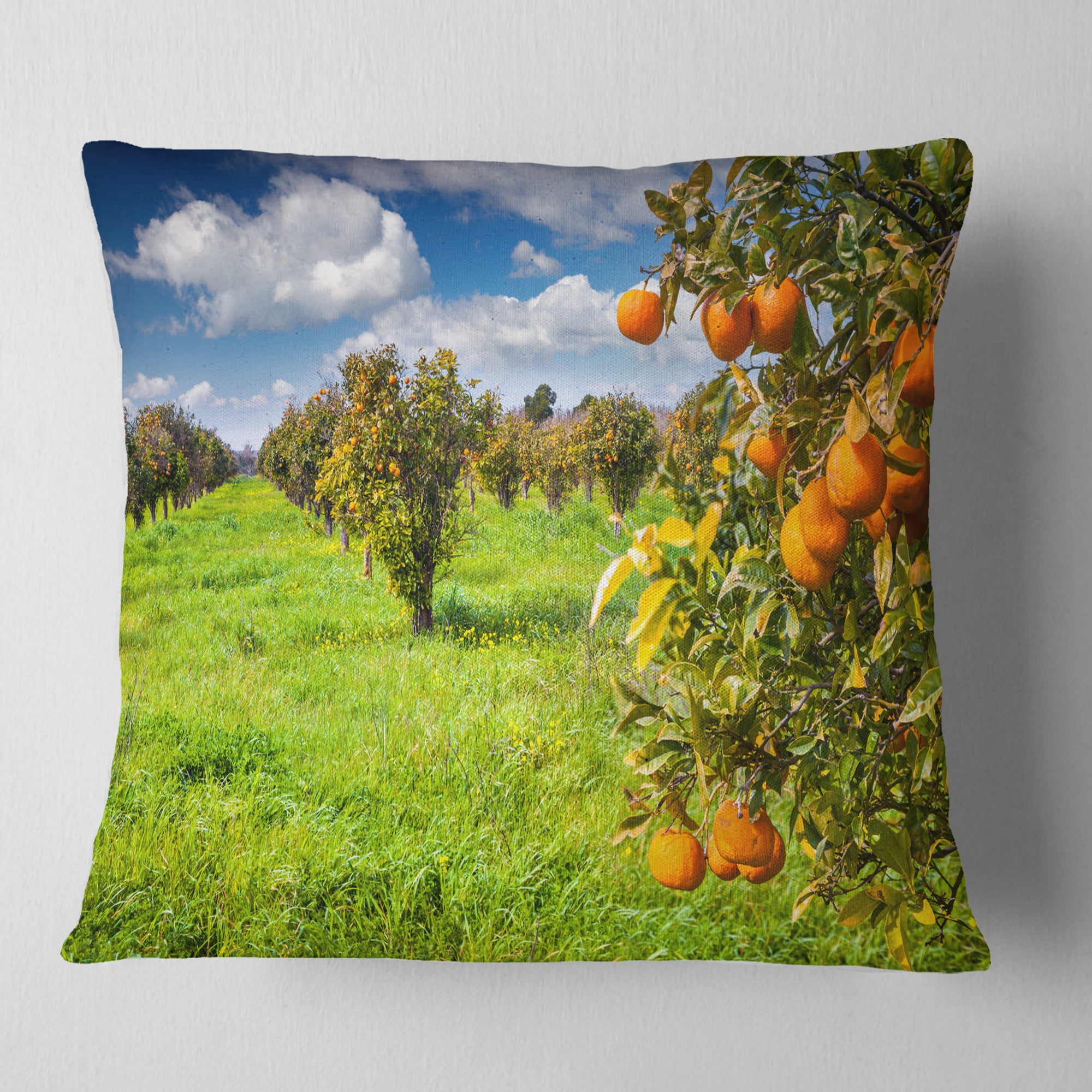 Designart Bright Green Grass in Orange Garden - Landscape Printed Throw Pillow - 16x16