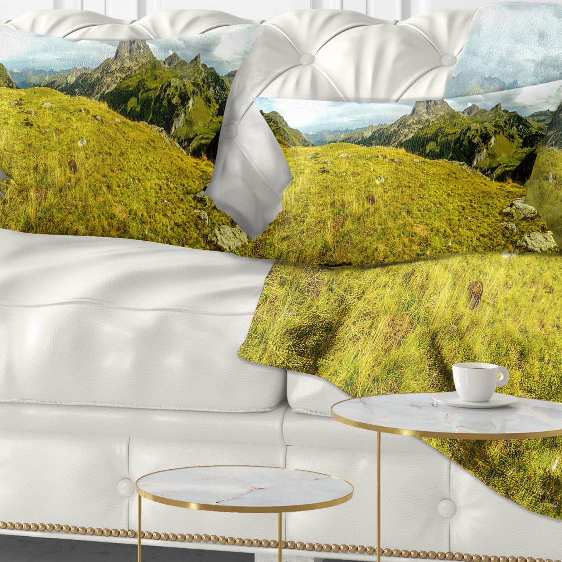 Designart Bright Green Mountain Panorama - Landscape Printed Throw Pillow - 12x20