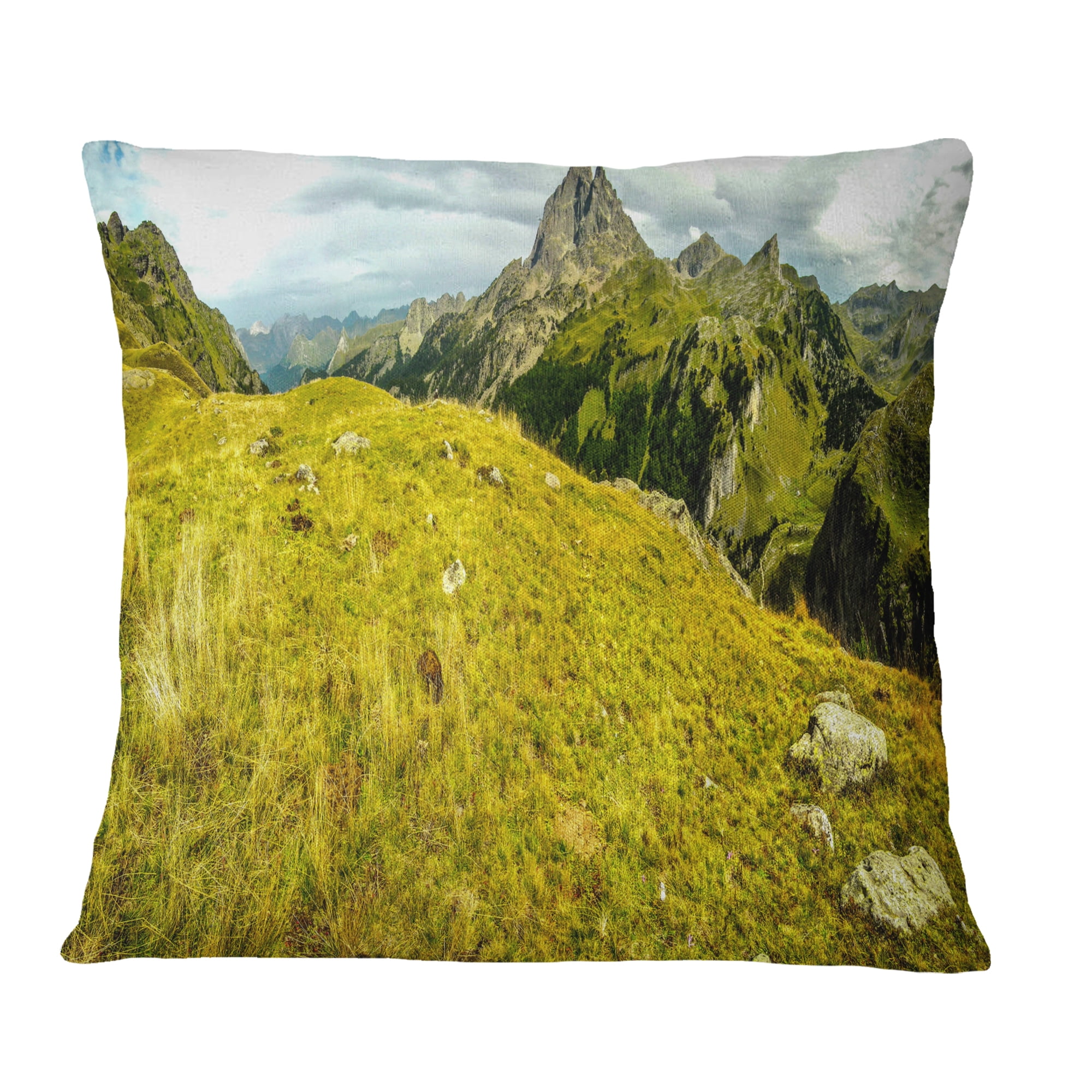 Designart Bright Green Mountain Panorama - Landscape Printed Throw Pillow - 16x16