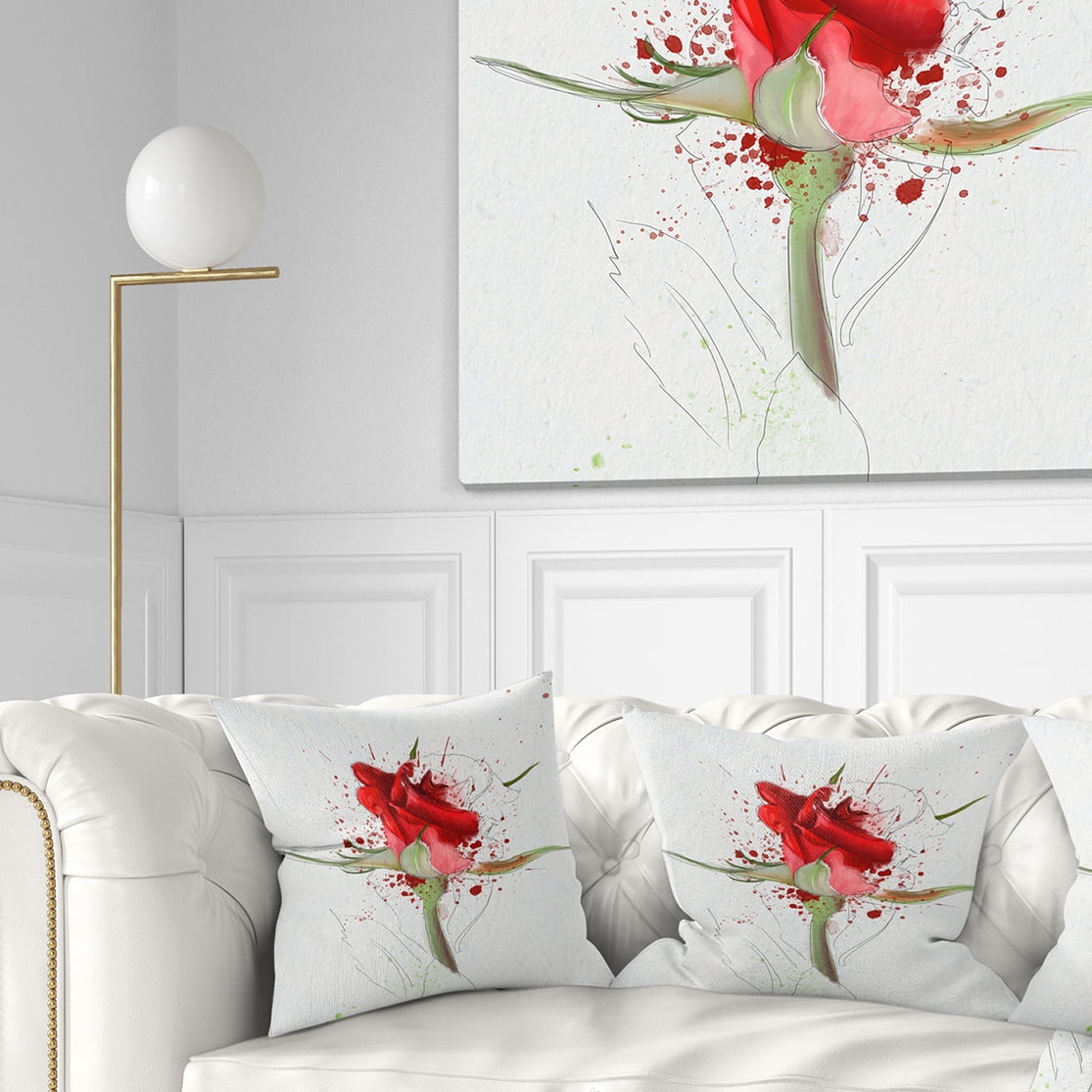 Designart Bright Hand drawn Red Rose Sketch - Floral Throw Pillow - 16x16