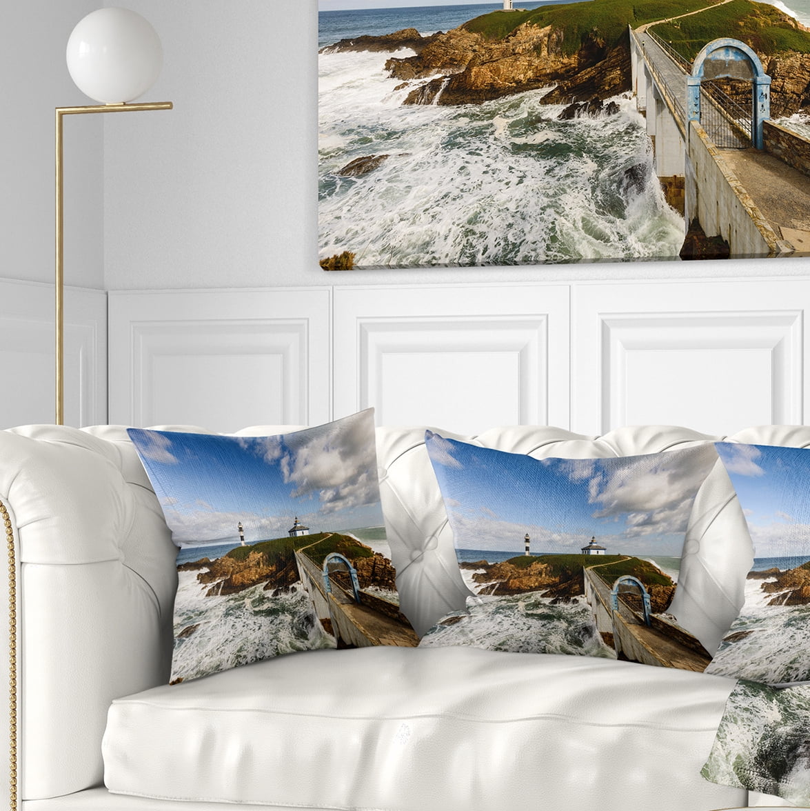 Designart Bright Illa Pancha Lighthouse - Seashore Photo Throw Pillow - 16x16