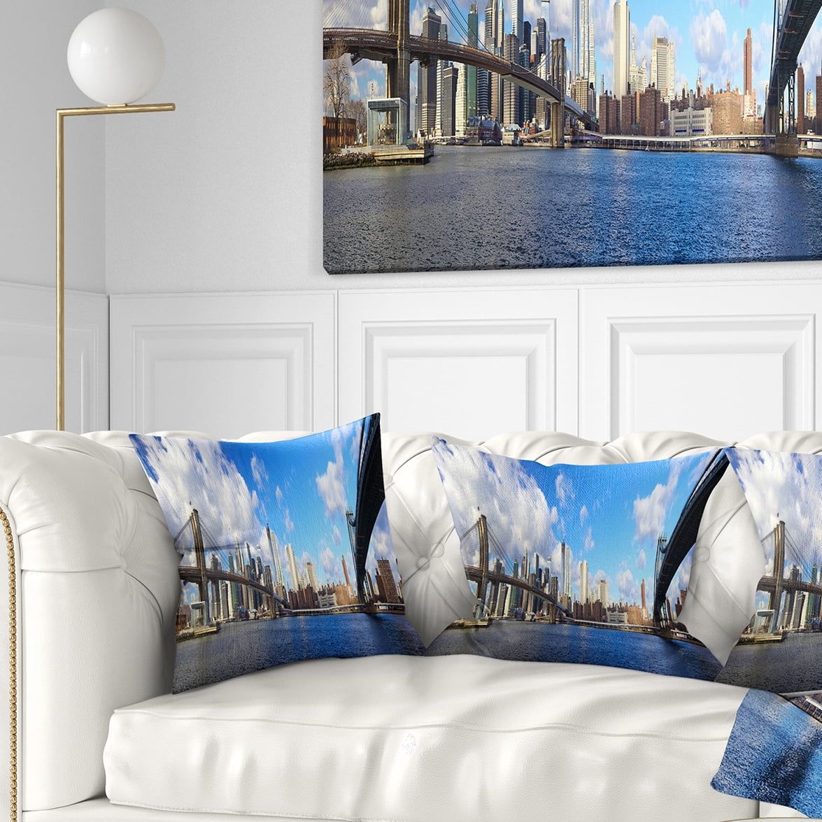 Designart Bright Manhattan Day Panorama - Cityscape Photo Throw Pillow - 16x16