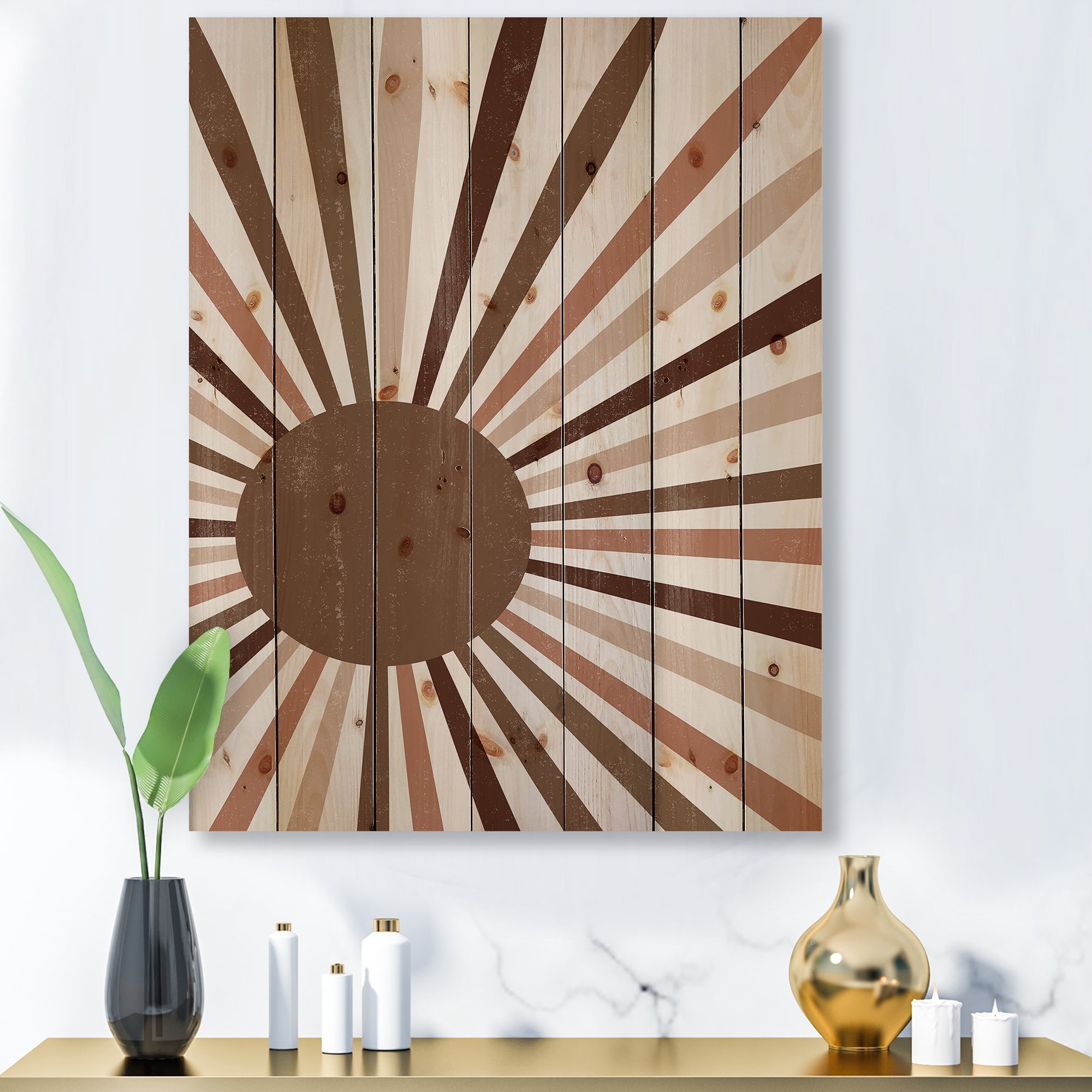 Designart 'Bright Minimalist Shining Terracotta Sun Rays' Modern Print on Natural Pine Wood