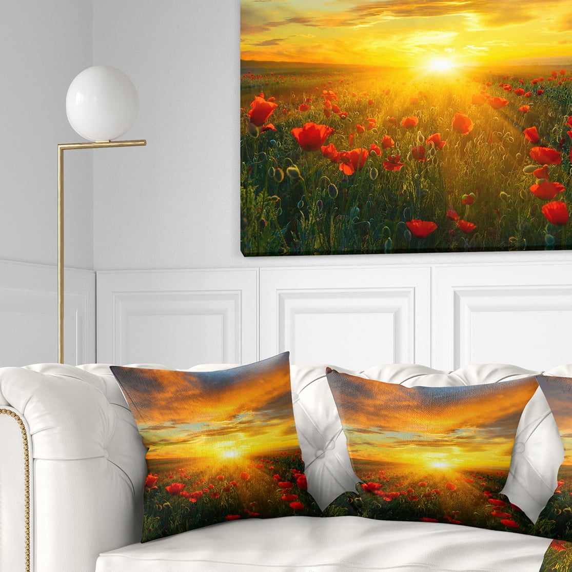 Designart Bright New Day over Poppy Fields - Floral Throw Pillow - 16x16