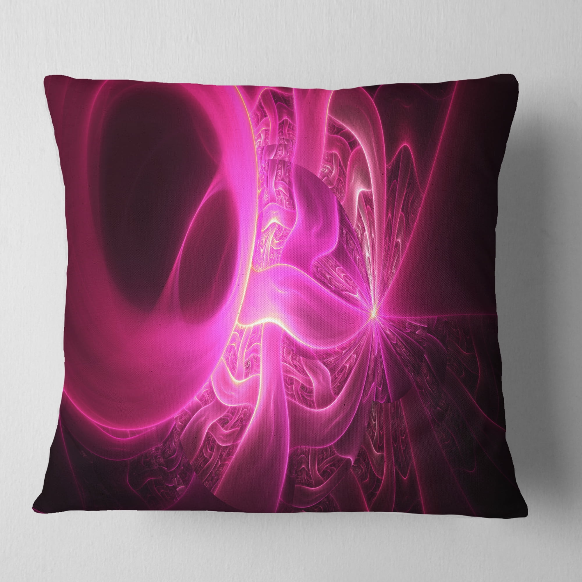 Designart Bright Pink Designs on Black - Abstract Throw Pillow - 16x16