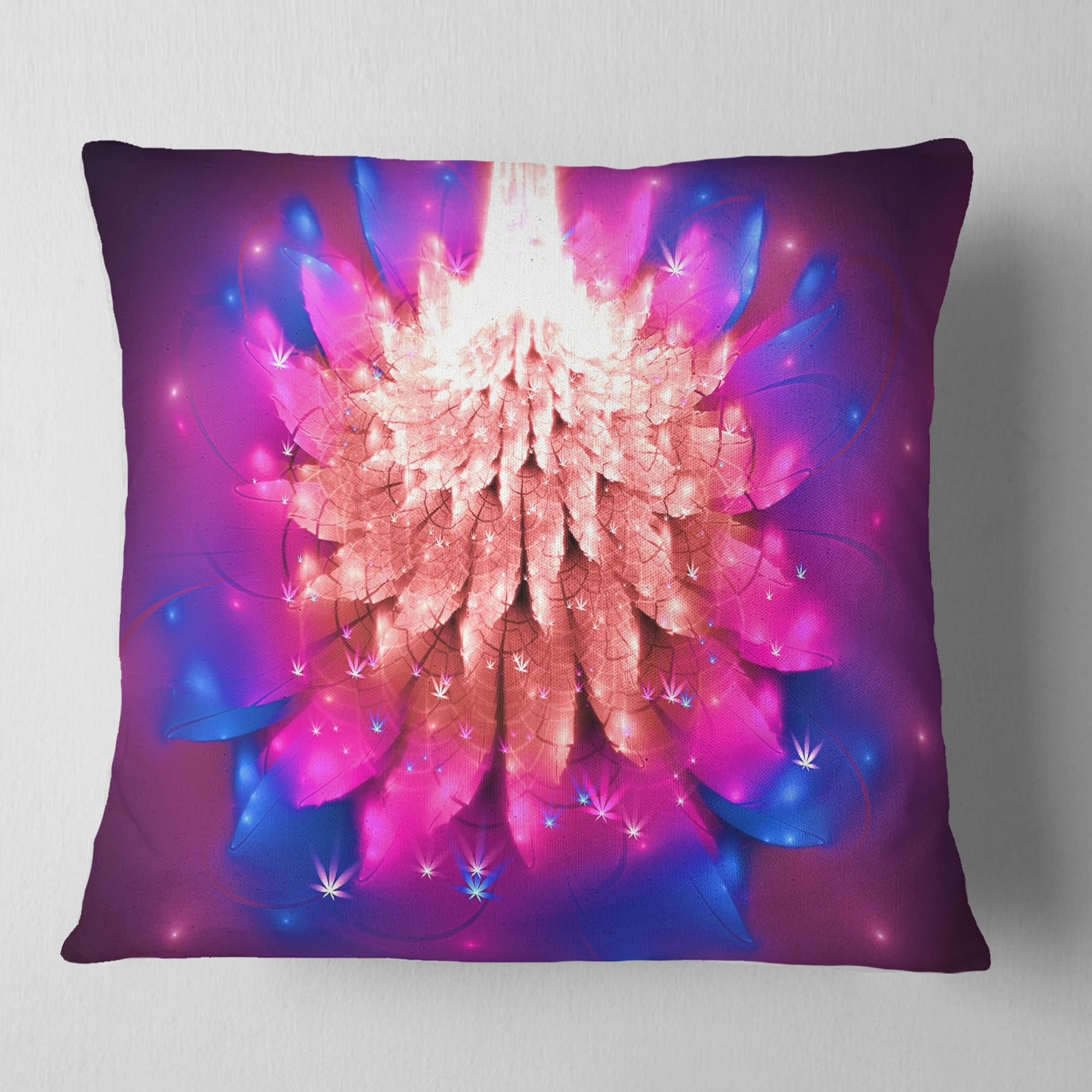 Designart Bright Pink Fractal Flower on Blue - Floral Throw Pillow - 18x18
