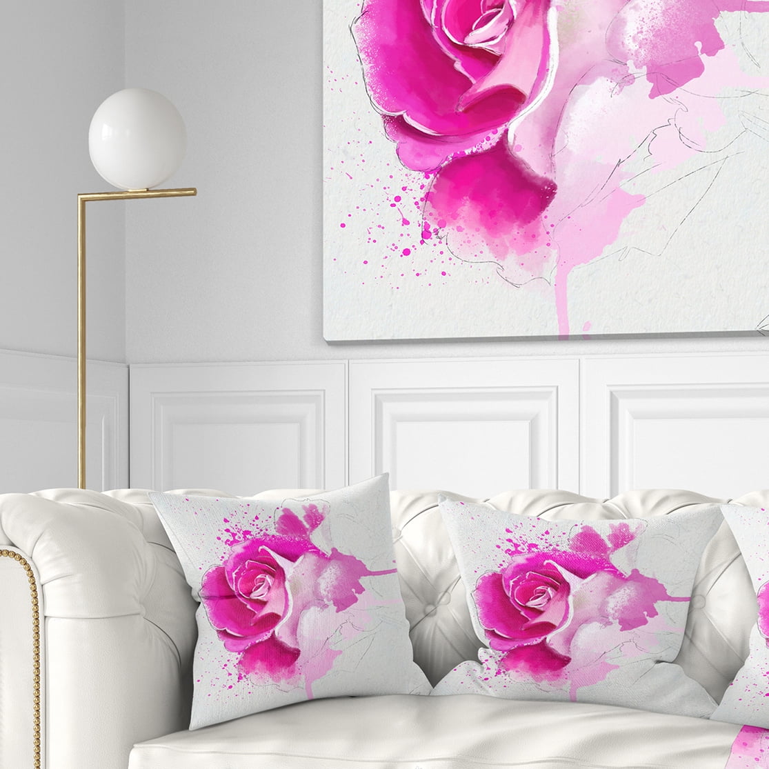 Designart Bright Pink Rose Flower Watercolor - Flowers Throw Pillowwork - 18x18