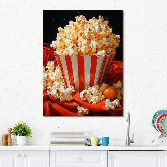 Designart "Bright Popcorn Fiesta Carnival Kernels III" Food & Beverage Canvas Wall Art - Traditional Red Popcorn Bedroom Canvas Wall Art