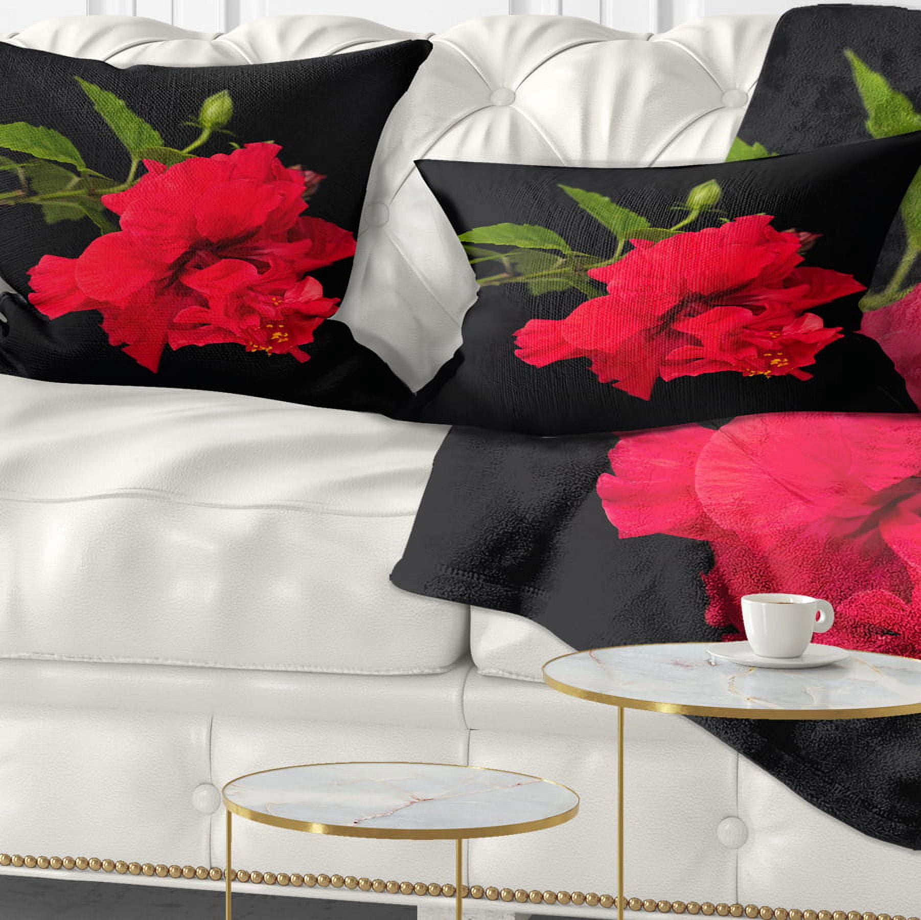 Designart Bright Red Hibiscus on Black - Floral Throw Pillow - 12x20