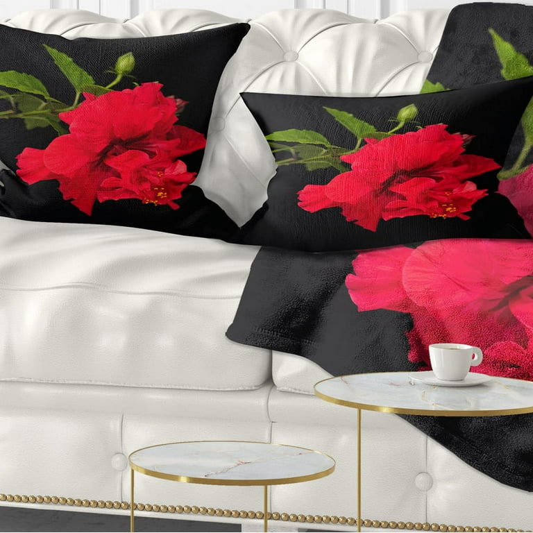 Designart Bright Red Hibiscus on Black Floral Throw Pillow 12x20 Walmart