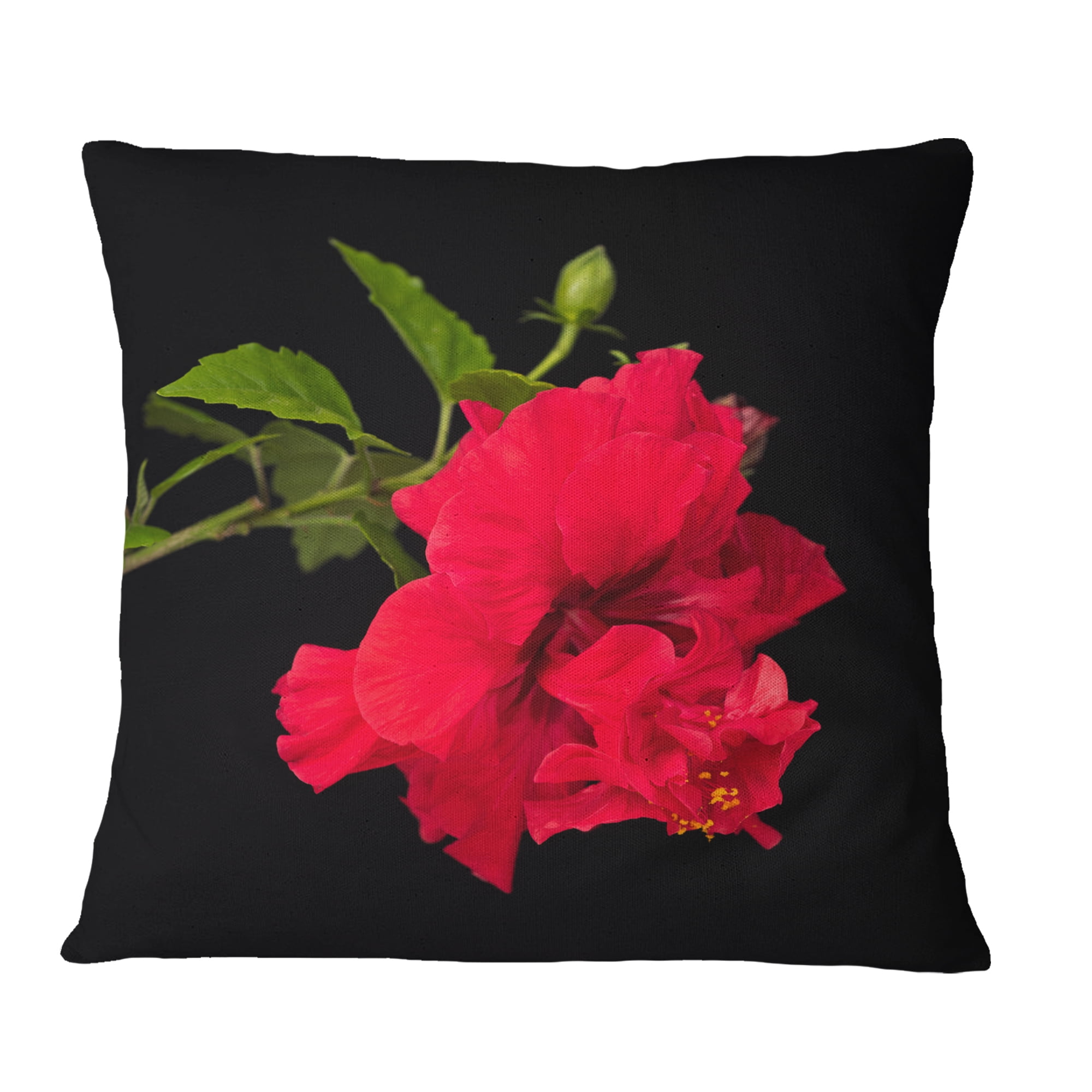 Designart Bright Red Hibiscus on Black - Floral Throw Pillow - 18x18