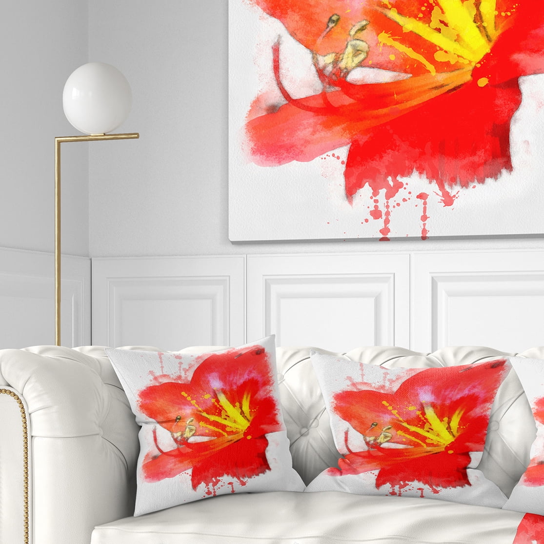Designart Bright Red Lily Illustration Art - Floral Throw Pillow - 18x18