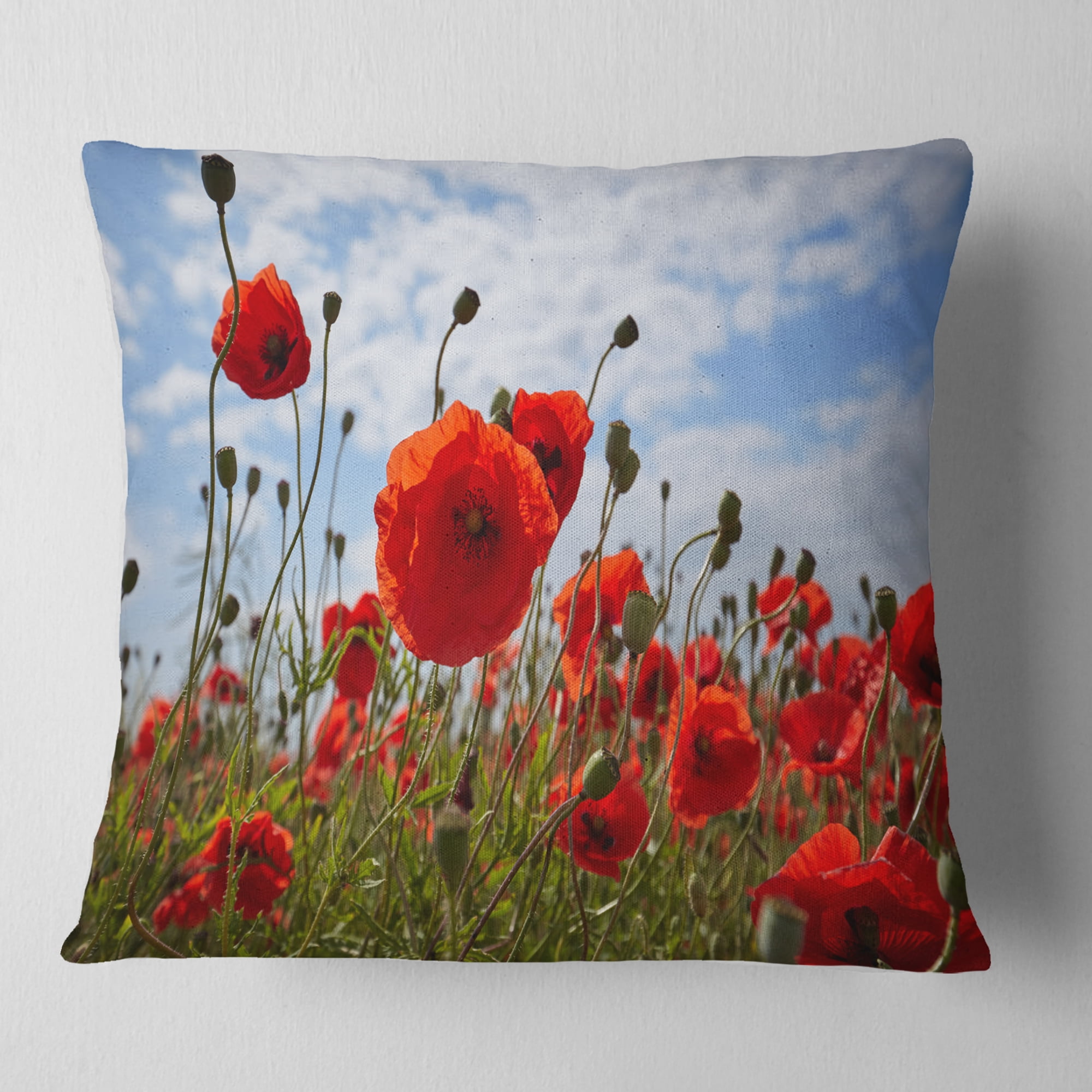 Designart Bright Red Poppy Flowers Photo - Flower Throw Pillow - 16x16