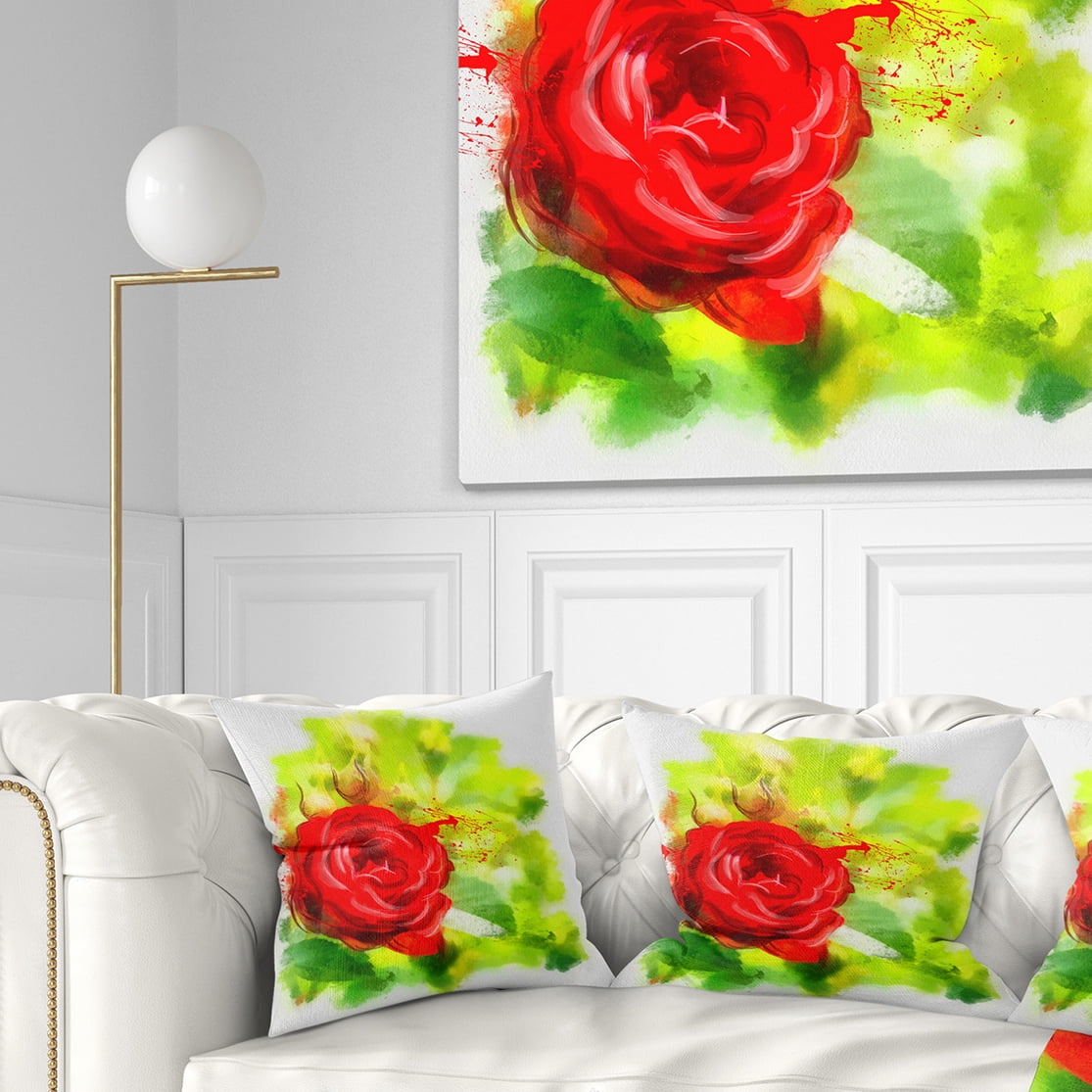 Designart Bright Red Rose on Light Green - Floral Throw Pillow - 18x18