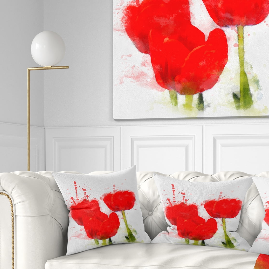 Designart Bright Red Tulip Flowers with Splashes - Floral Throw Pillow - 16x16