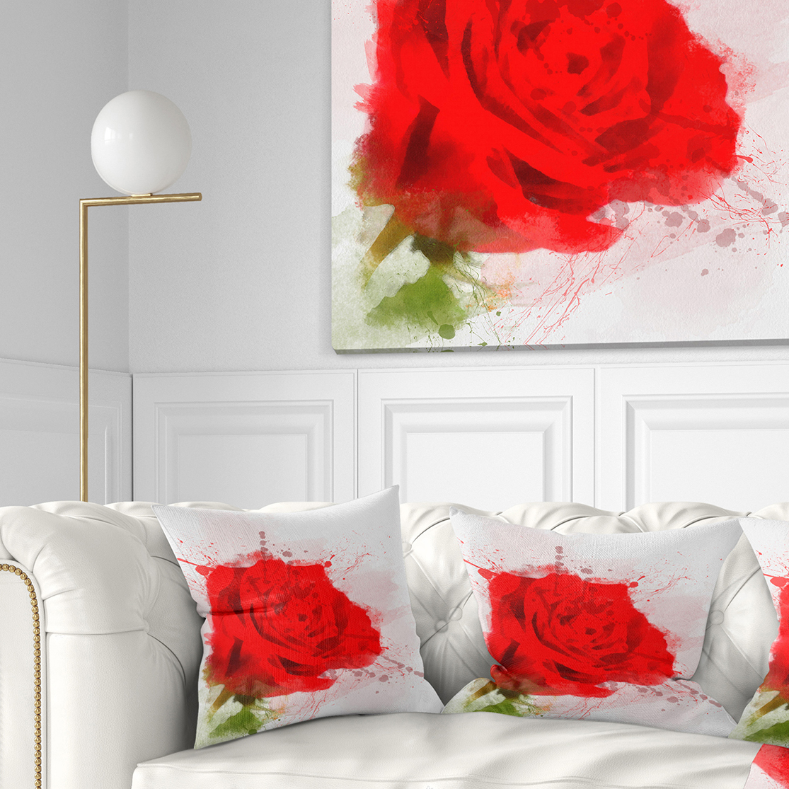 Designart Bright Red Watercolor Rose Sketch - Floral Throw Pillow - 16x16
