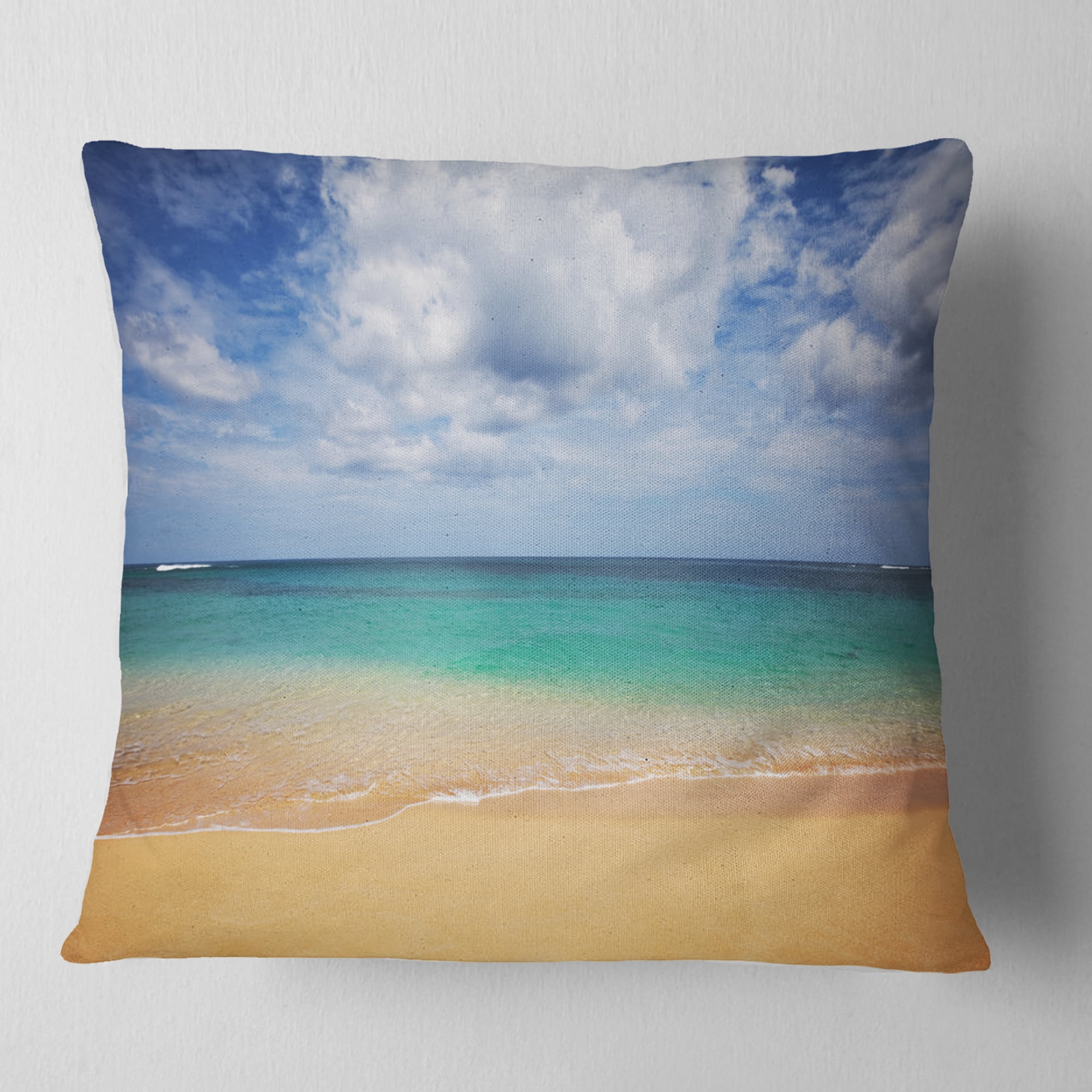 Designart Bright Seashore with Heavy Clouds - Modern Beach Throw Pillow - 16x16