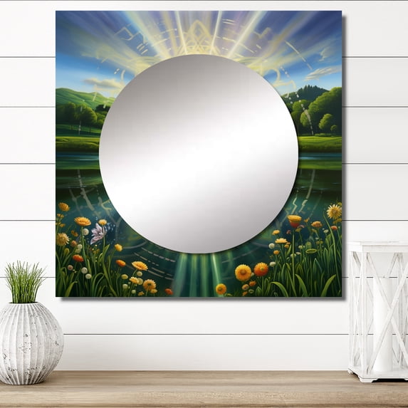 Designart "Bright Shining Mandala Paradise Landscape I" Buddhism Square Mirror For Wall Decor - Large White Square Printed Wall Mirror Art - Wall Mounted Square Large Mirror