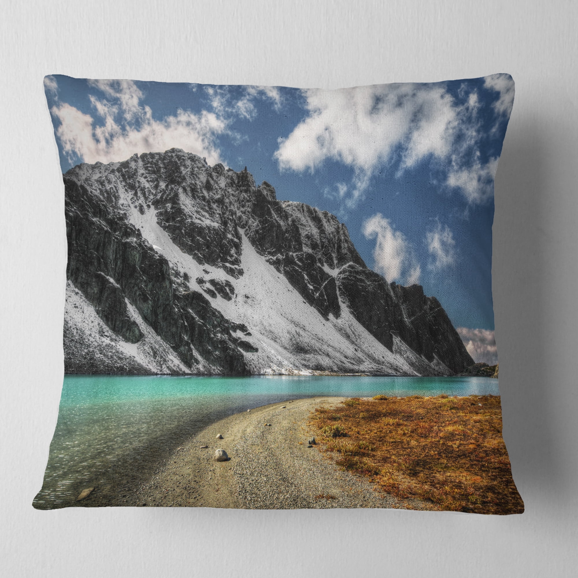 Designart Bright Sky and Blue Mountain Lake - Landscape Printed Throw Pillow - 18x18