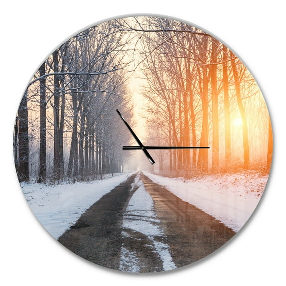 Designart 'Bright Sun Break in Winter Forest ' Farmhouse wall clock
