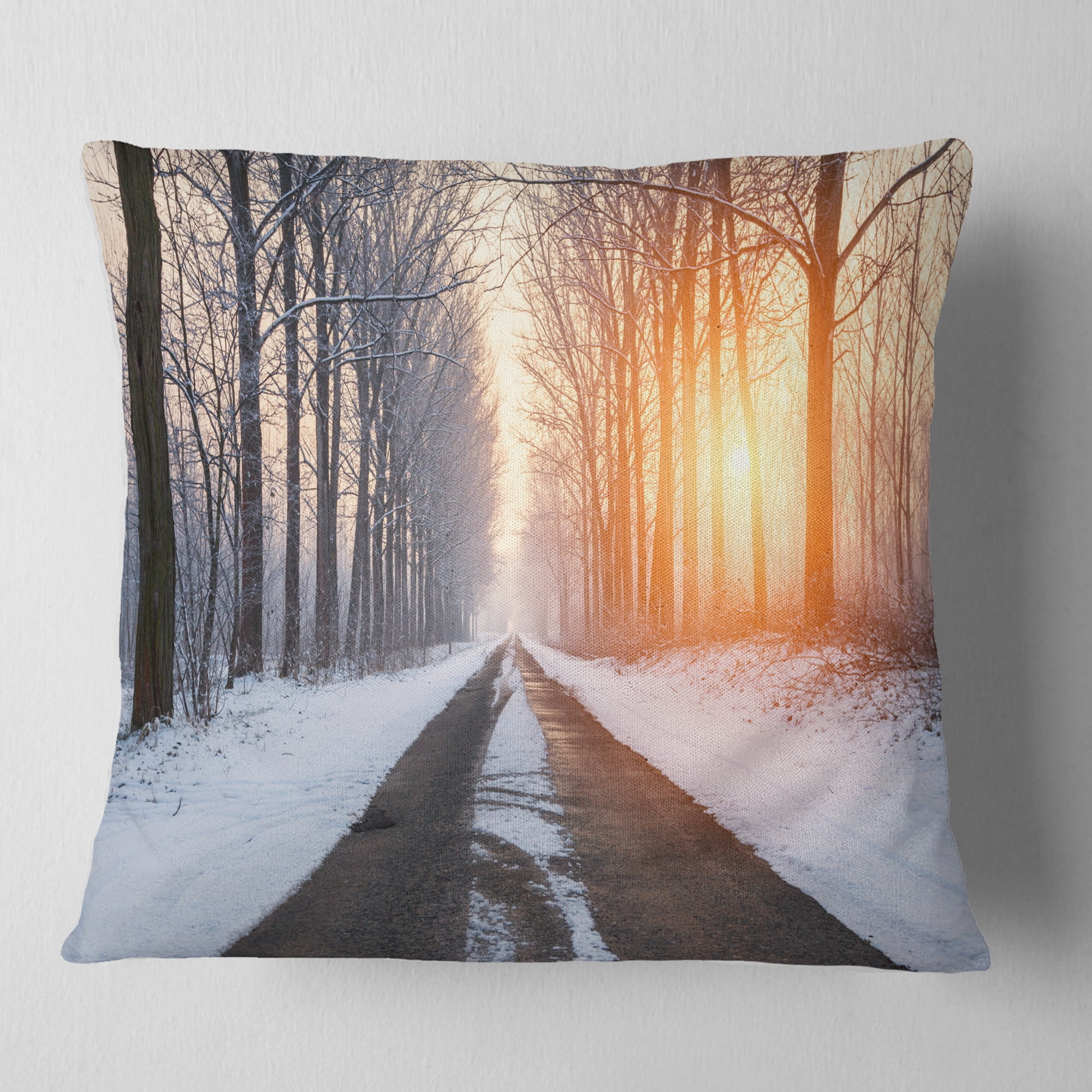 Designart Bright Sun Break in Winter Forest - Forest Throw Pillow - 16x16
