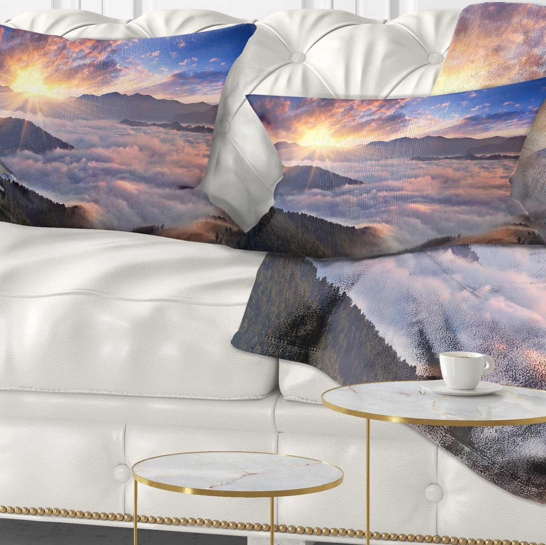 Designart Bright Sun in Misty Mountains - Landscape Photography Throw Pillow - 12x20