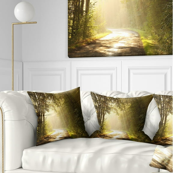 Designart Bright Sunlight in Fall Forest - Landscape Photo Throw Pillow - 16x16