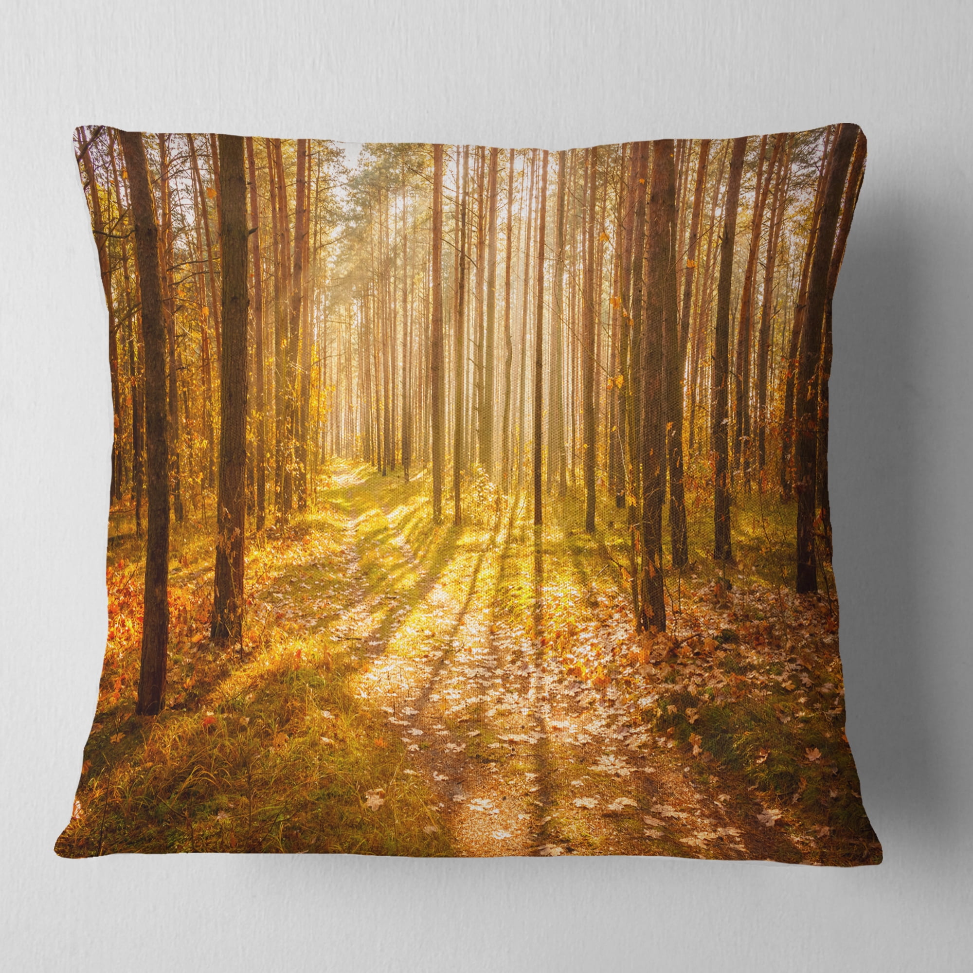 Designart Bright Sunlight in Yellow Fall Forest - Modern Forest Throw Pillow - 16x16