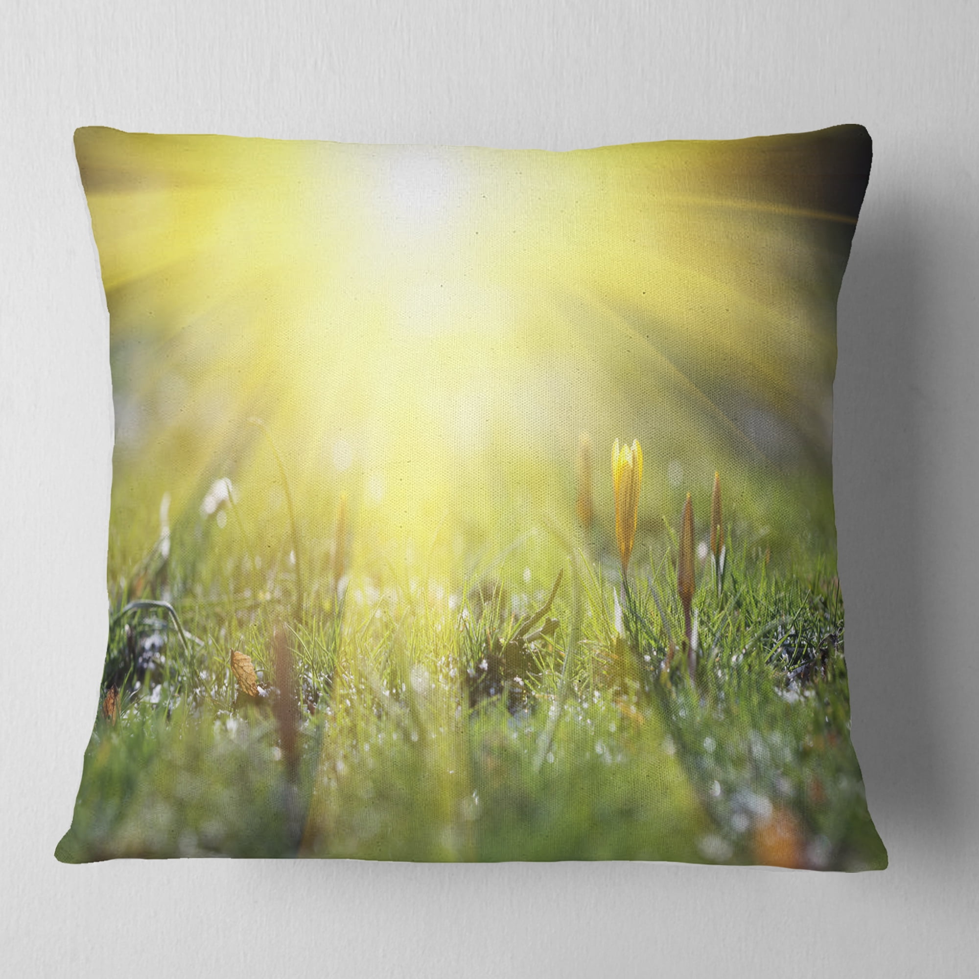 Designart Bright Sunset Above Spring Flowers - Landscape Printed Throw Pillow - 16x16