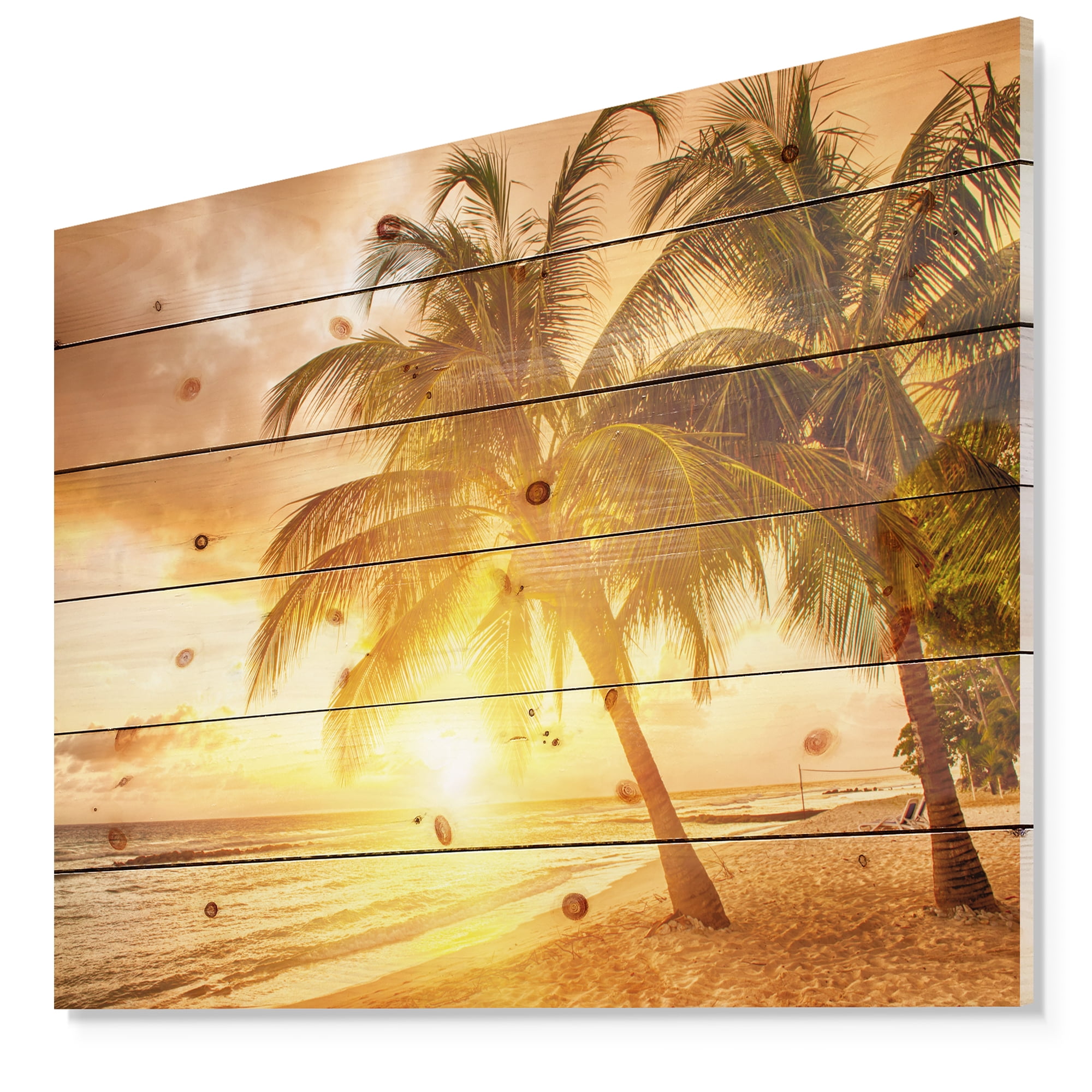 Designart 'Bright Sunset at Barbados Island' Modern Seascape Print on Natural Pine Wood