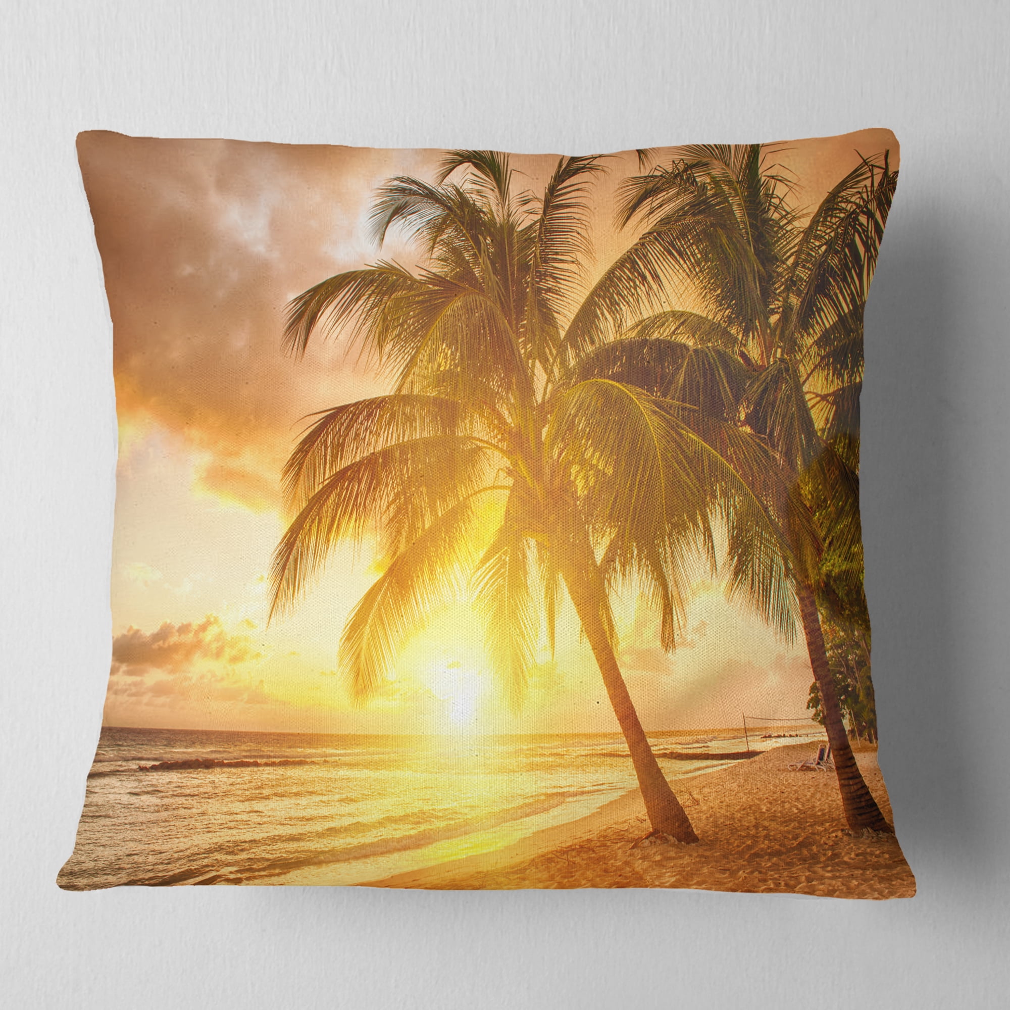 Designart Bright Sunset at Barbados Island - Modern Seascape Throw Pillow - 18x18