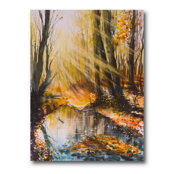 Designart ' Bright Sunshine Through The Brown Forest Trees ' Lake House Canvas Wall Art Print