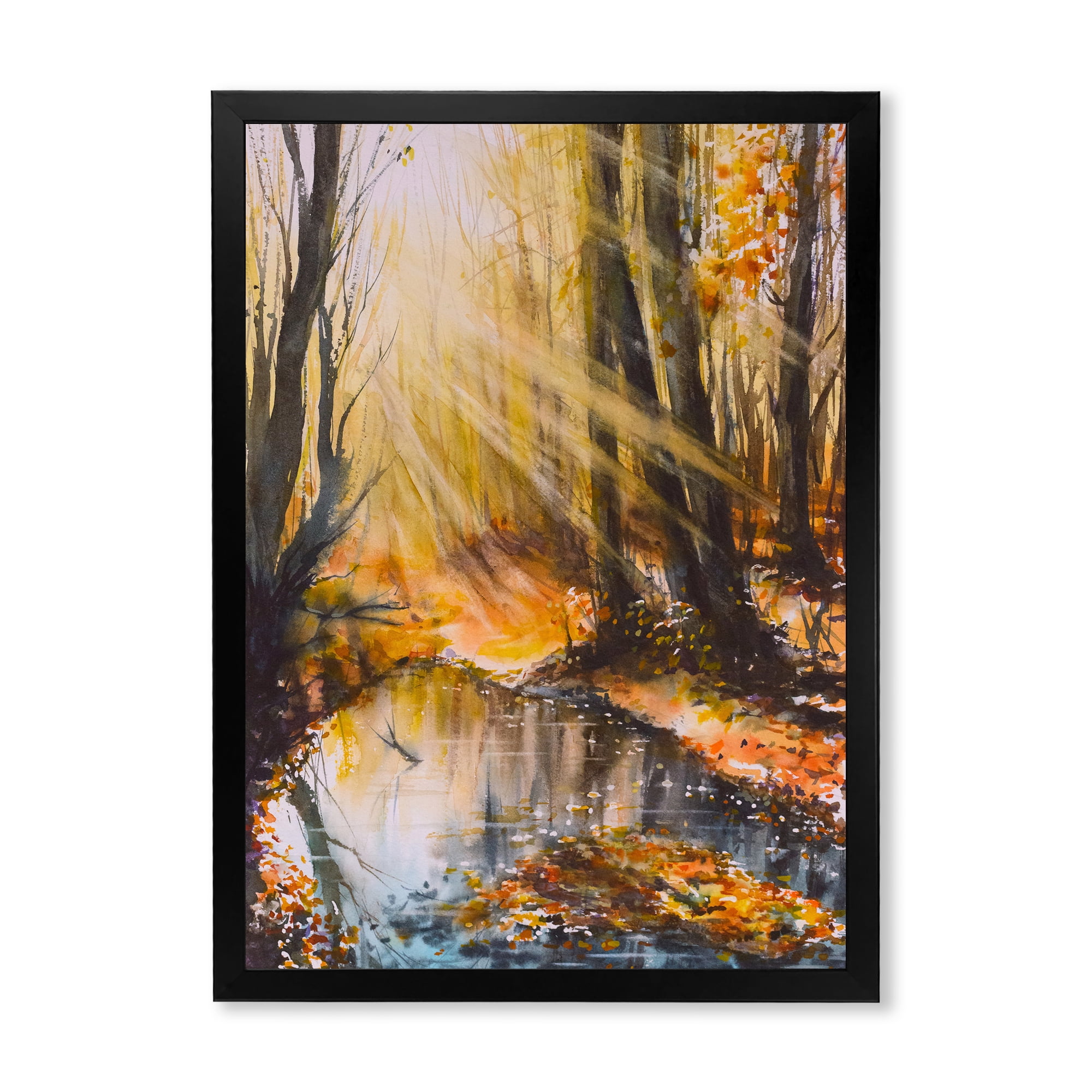 Designart 'Bright Sunshine Through The Brown Forest Trees' Lake House Framed Art Print