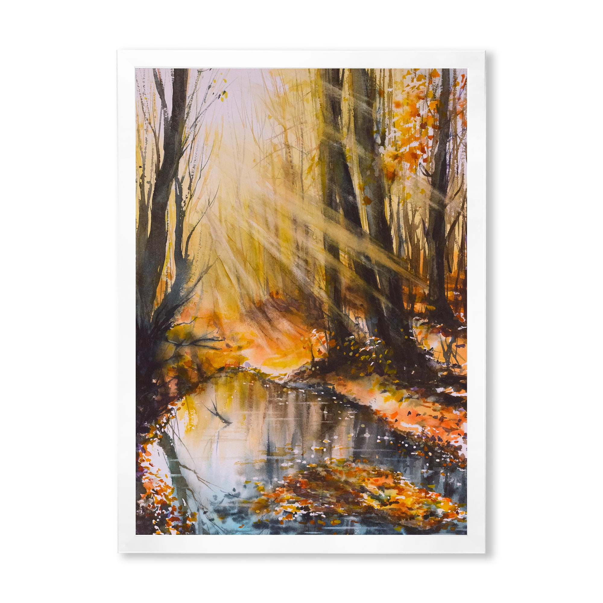 Designart 'Bright Sunshine Through The Brown Forest Trees' Lake House Framed Art Print