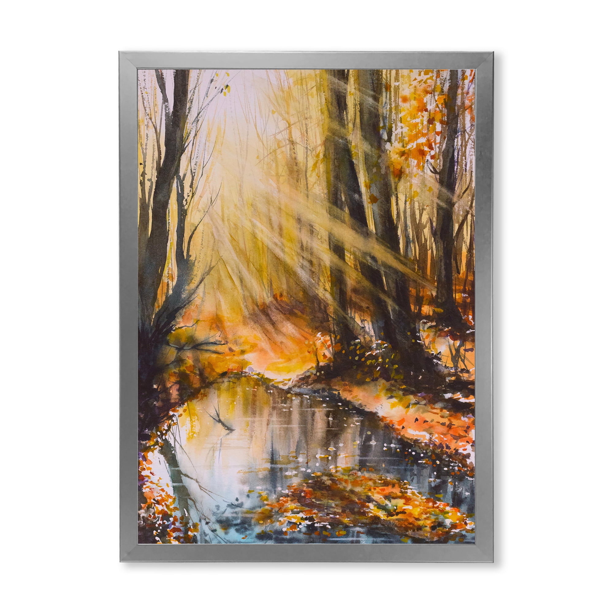 Designart 'Bright Sunshine Through The Brown Forest Trees' Lake House Framed Art Print