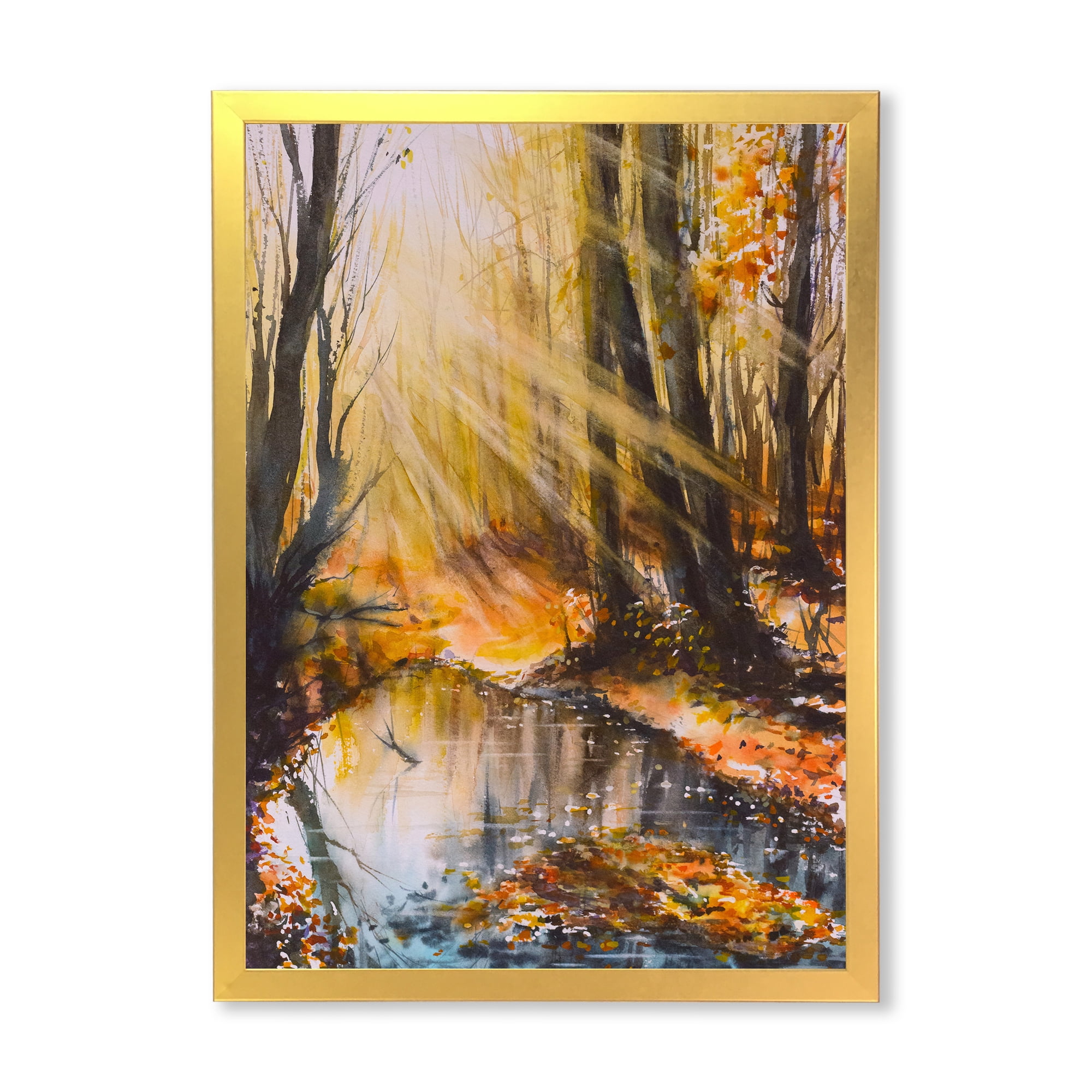 Designart 'Bright Sunshine Through The Brown Forest Trees' Lake House Framed Art Print