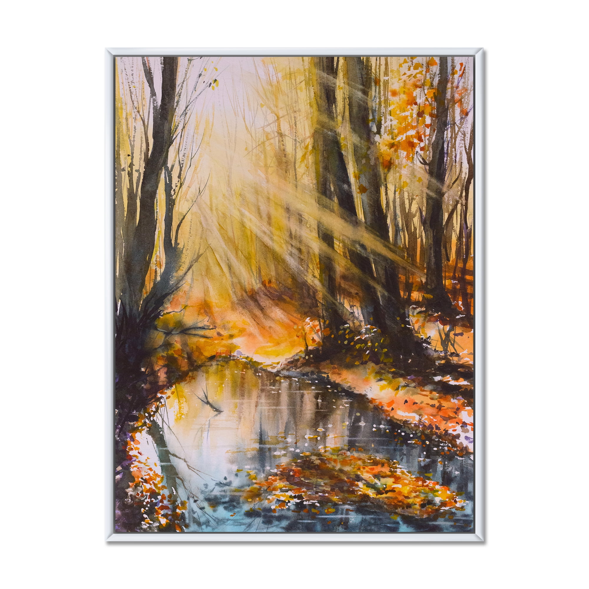 Designart 'Bright Sunshine Through The Brown Forest Trees' Lake House Framed Canvas Wall Art Print