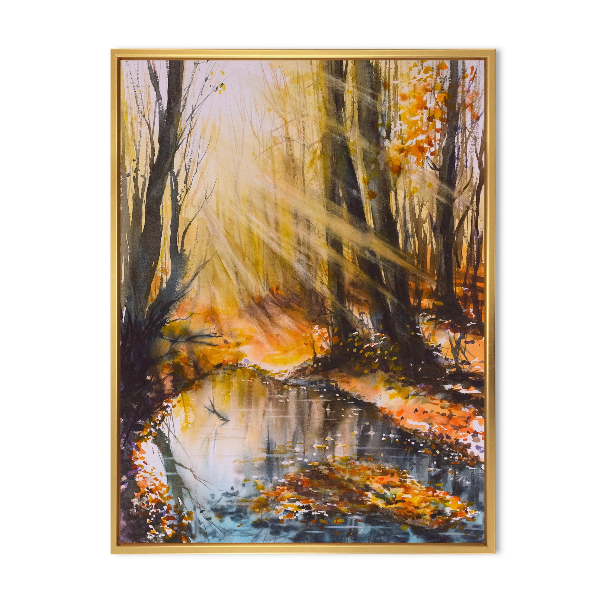 Designart 'Bright Sunshine Through The Brown Forest Trees' Lake House Framed Canvas Wall Art Print