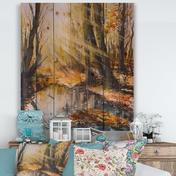 Designart 'Bright Sunshine Through The Brown Forest Trees' Lake House Print on Natural Pine Wood
