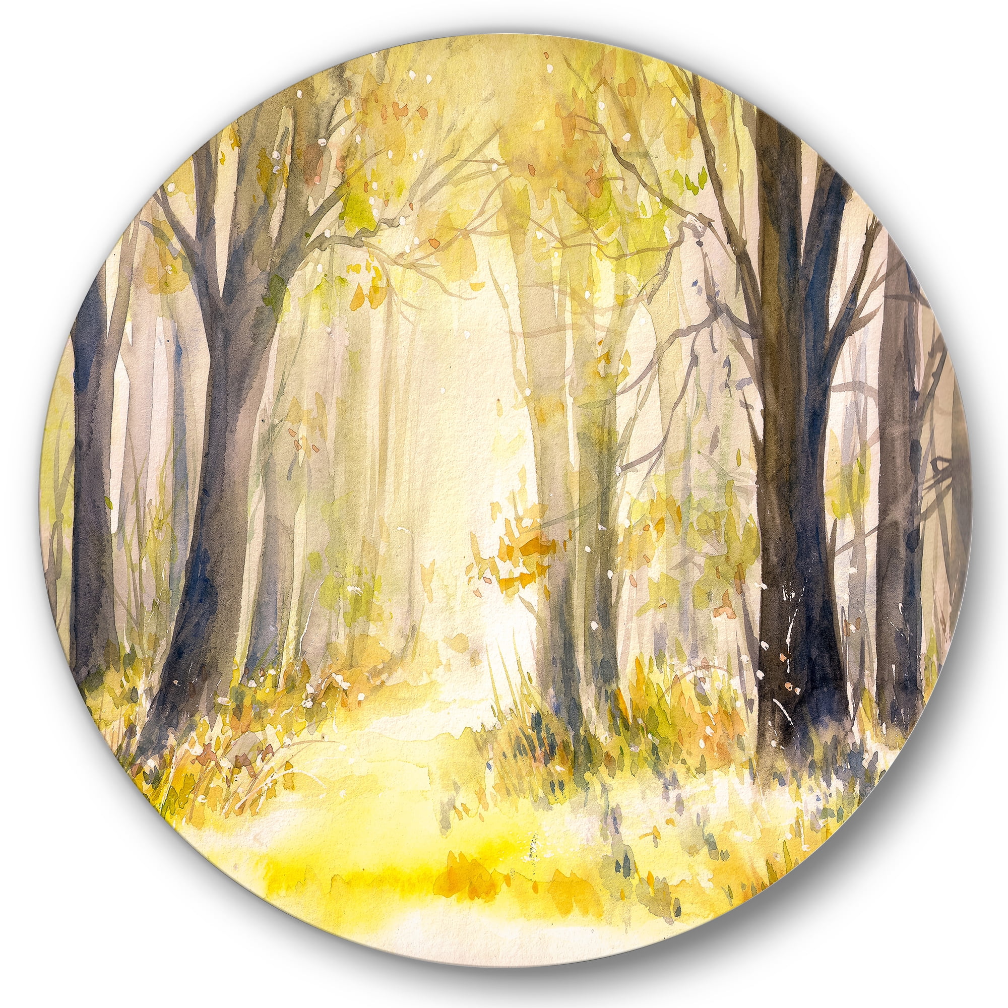 Designart 'Bright Sunshine Through The Yellow Forest Trees I' Traditional Circle Metal Wall Art 11x11 - Disc of 11