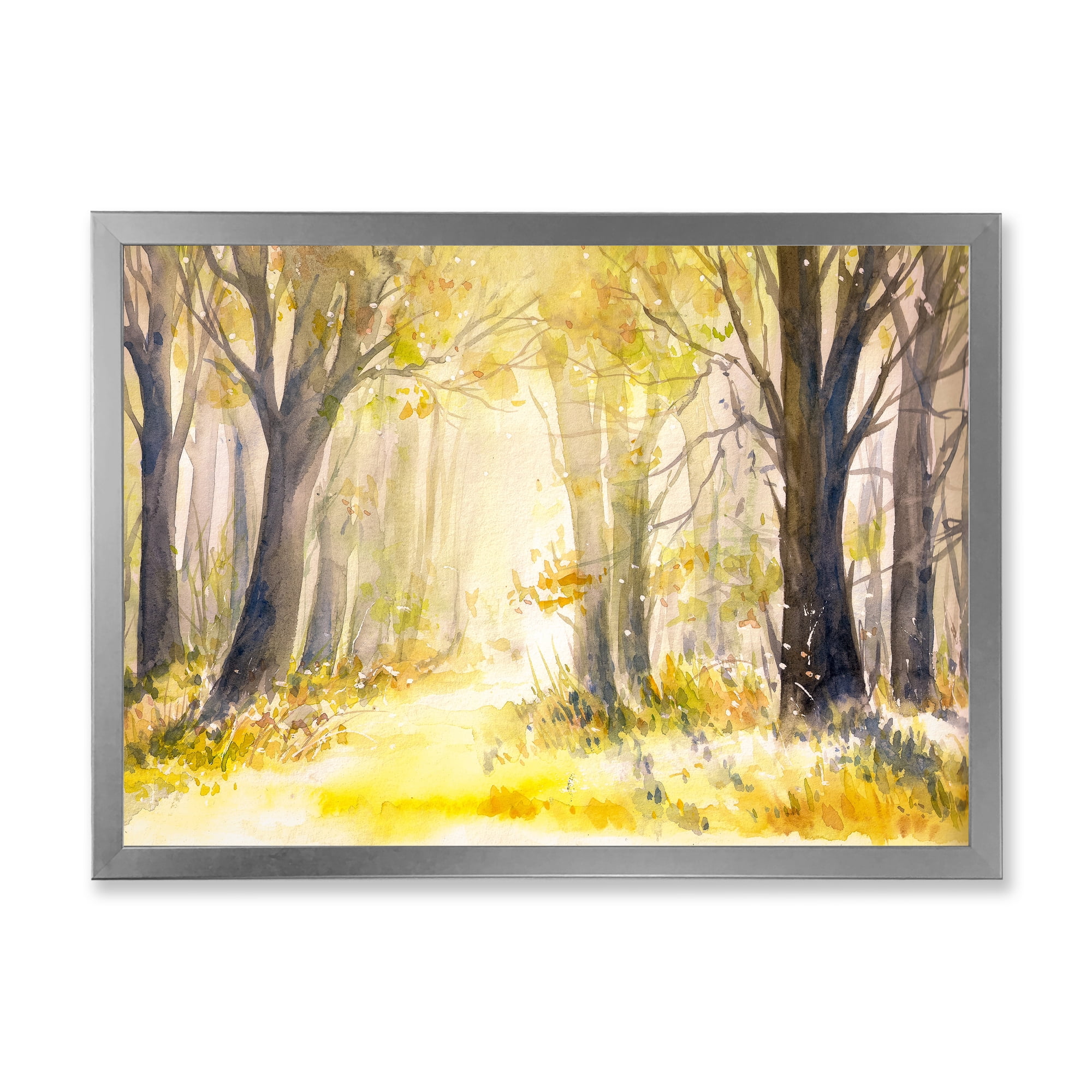 Designart 'Bright Sunshine Through The Yellow Forest Trees I' Traditional Framed Art Print