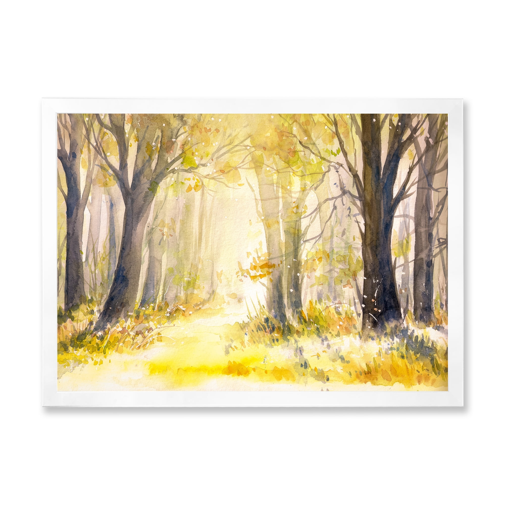 Designart 'Bright Sunshine Through The Yellow Forest Trees I' Traditional Framed Art Print