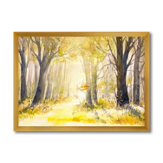 Designart 'Bright Sunshine Through The Yellow Forest Trees I' Traditional Framed Art Print