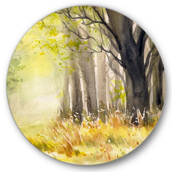 Designart 'Bright Sunshine Through The Yellow Forest Trees II' Traditional Circle Metal Wall Art 36x36 - Disc of 36