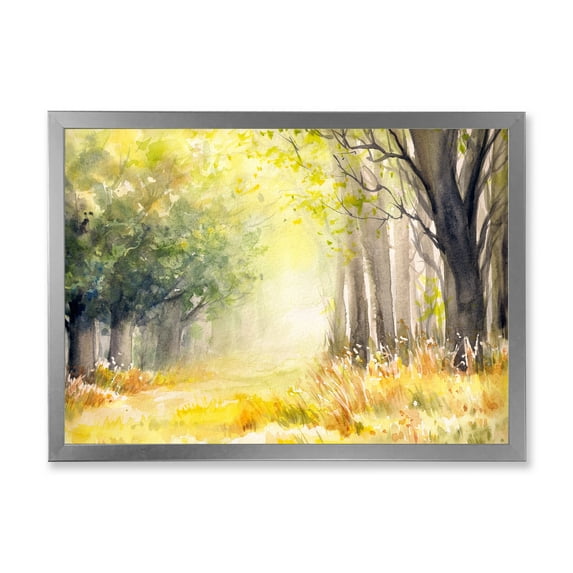 Designart 'Bright Sunshine Through The Yellow Forest Trees III' Traditional Framed Art Print