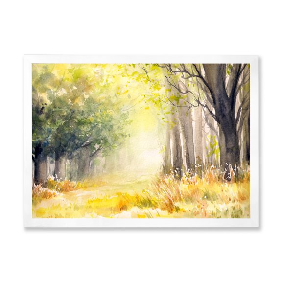 Designart 'Bright Sunshine Through The Yellow Forest Trees III' Traditional Framed Art Print