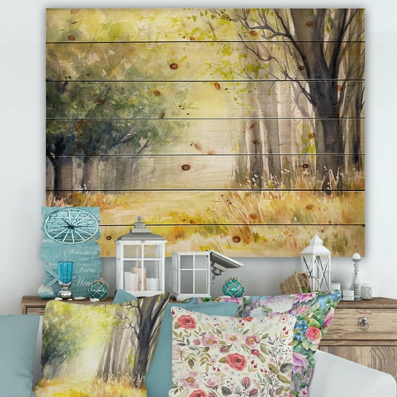 Designart 'Bright Sunshine Through The Yellow Forest Trees III' Traditional Print on Natural Pine Wood