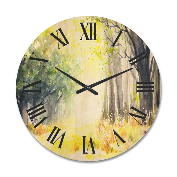 Designart 'Bright Sunshine Through The Yellow Forest Trees III' Traditional Wood Wall Clock
