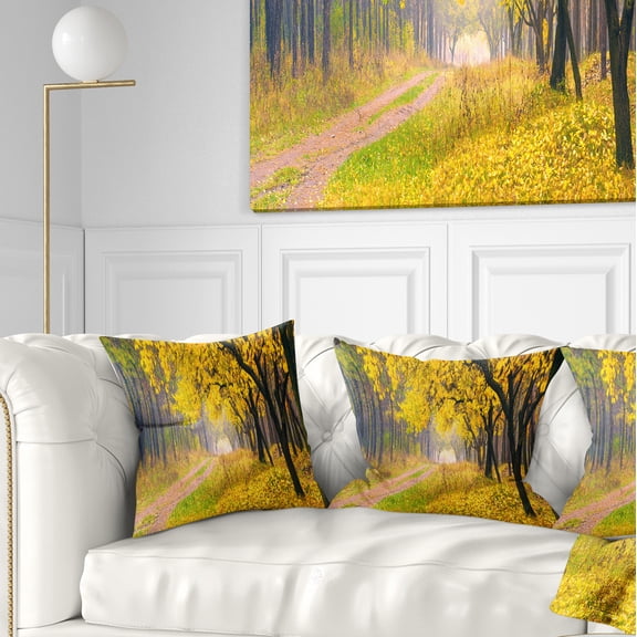 Designart Bright Yellow Autumn Forest - Landscape Photo Throw Pillow - 16x16