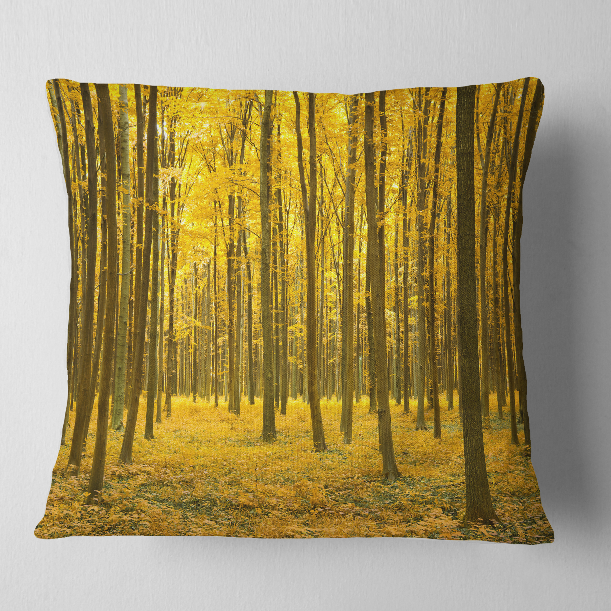 Designart Bright Yellow Autumns Forest - Modern Forest Throw Pillow - 16x16